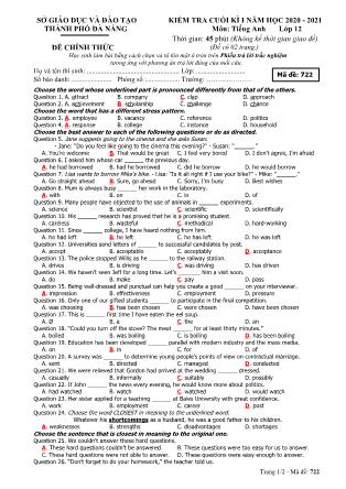 Đề kiểm tra học kì I môn Tiếng Anh Lớp 12 - Mã đề 722 - Năm học 2020-2021 - Sở GD và ĐT Thành phố Đà Nẵng (Có đáp án)
