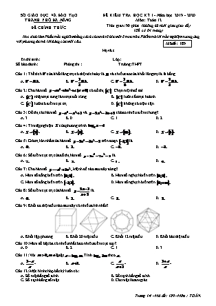 Đề kiểm tra học kì I môn Toán Lớp 12 - Mã đề 189 - Năm học 2019-2020 - Sở GD và ĐT Thành phố Đà Nẵng (Kèm đáp án)