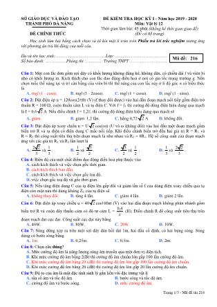 Đề kiểm tra học kì I môn Vật lí Lớp 12 - Mã đề 216 - Năm học 2019-2020 - Sở GD và ĐT Thành phố Đà Nẵng (Kèm đáp án)