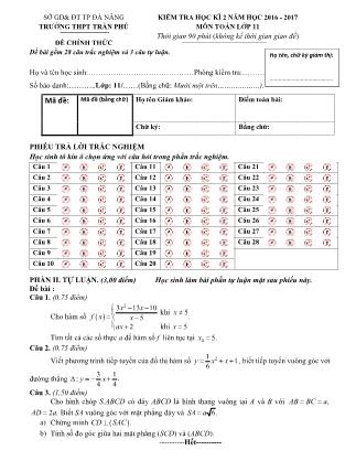 Đề kiểm tra học kì II môn Toán Lớp 11 - Năm học 2016-2017 - Trường THPT Trần Phú