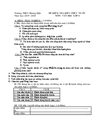 Đề kiểm tra kiến thức tự ôn môn Ngữ văn Lớp 8 - Năm học 2019-2020 - Trường THCS Hoàng Diệu