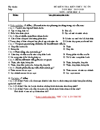 Đề kiểm tra kiến thức tự ôn môn Sinh học Lớp 8 - Năm học 2019-2020 - Trường THCS Hoàng Diệu