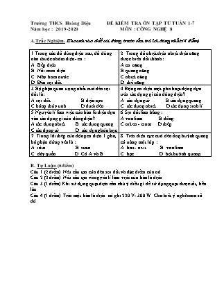 Đề kiểm tra kiến thức từ Tuần 1 đến 7 môn Công nghệ Lớp 8 - Năm học 2019-2020 - Trường THCS Hoàng Diệu
