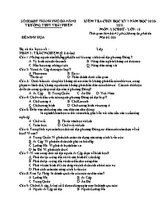 Đề minh họa kiểm tra học kì I môn Lịch sử Lớp 10 - Đề số 4 - Trường THPT Thái Phiên (Có đáp án)