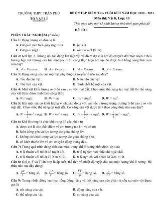 Đề ôn tập kiểm tra cuối học kì II môn Vật lí Lớp 10 - Năm học 2020-2021 - Trường THPT Trần Phú