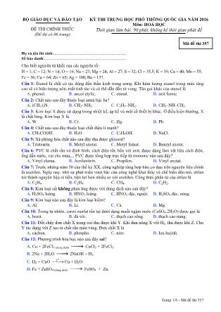 Đề thi THPT Quốc gia môn Hóa học năm 2016 - Mã đề 357 (Kèm đáp án)