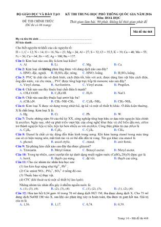 Đề thi THPT Quốc gia môn Hóa học năm 2016 - Mã đề 468 (Kèm đáp án)