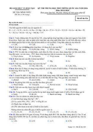 Đề thi THPT Quốc gia môn Hóa học năm 2016 - Mã đề 526 (Kèm đáp án)