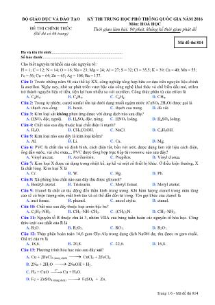 Đề thi THPT Quốc gia môn Hóa học năm 2016 - Mã đề 814 (Kèm đáp án)