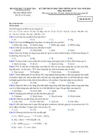 Đề thi THPT Quốc gia môn Hóa học năm 2016 - Mã đề 951 (Kèm đáp án)
