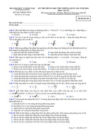 Đề thi THPT Quốc gia môn Vật lí năm 2016 - Mã đề 169 (Kèm đáp án)
