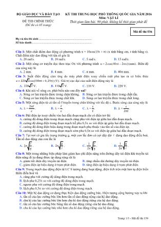 Đề thi THPT Quốc gia môn Vật lí năm 2016 - Mã đề 536 (Kèm đáp án)