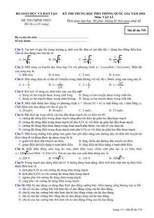 Đề thi THPT Quốc gia môn Vật lí năm 2016 - Mã đề 759 (Kèm đáp án)