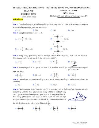 Đề thi thử THPT Quốc gia môn Toán - Mã đề 271 - Năm học 2017-2018 - Trường THPT Trần Phú