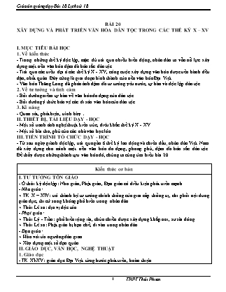 Giáo án Lịch sử Lớp 10 - Bài 20: Xây dựng và phát triển văn hóa dân tộc trong các thế kỷ X - XV - Trường THPT Thái Phiên