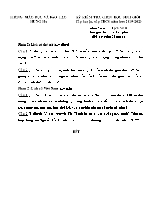 Đề thi chọn học sinh giỏi môn Lịch sử Lớp 8 (Cấp huyện, Cấp THCS) - Năm học 2019-2020 - Phòng GD&ĐT Hưng Hà (Có đáp án)