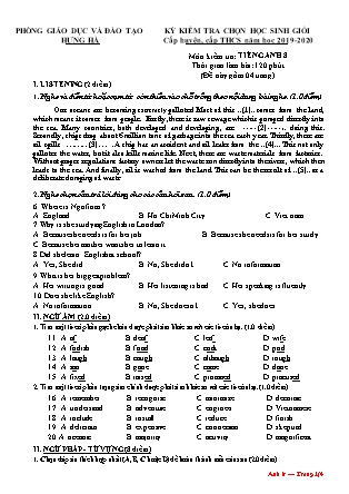 Đề thi chọn học sinh giỏi môn Tiếng Anh Lớp 8 (Cấp huyện, Cấp THCS) - Năm học 2019-2020 - Phòng GD&ĐT Hưng Hà (Kèm đáp án + File nghe)