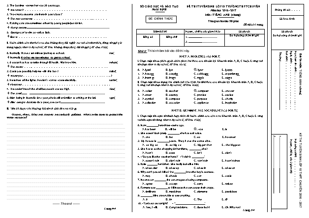 Đề thi tuyển sinh Lớp 10 THPT Chuyên môn Tiếng Anh Lớp 9 - Năm học 2016-2017 - Sở GD&ĐT Nam Định (Kèm đáp án)