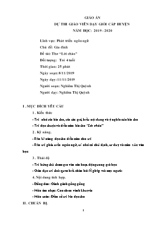 Giáo án Mầm non Lớp Chồi - Chủ đề: Gia đình. Đề tài: Thơ “Lời chào” - Năm học 2019-2020 - Nghiêm Thị Quỳnh