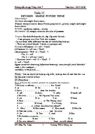 Giáo án Tiếng Anh Lớp 7 - Tuần 22 - Revision: Simple future tense - Năm học 2019-2020 - Đào Thị Trâm