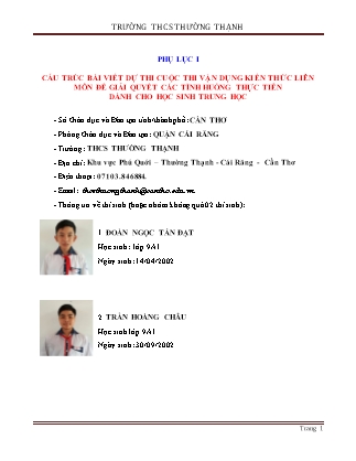 Bài dự thi Cuộc thi vận dụng kiến thức liên môn để giải quyết các tình huống thực tiễn dành cho học sinh trung học NH 2015-2016 - TH: Vận dụng kiến thức để giải một số bài tập giải bài toán bằng cách lập phương trình, hệ phương trình (HS: Đoàn Tấn Đạt, Tr