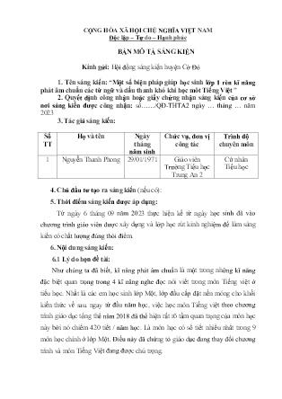 Bản mô tả SKKN Một số biện pháp giúp học sinh lớp 1 rèn kĩ năng phát âm chuẩn các từ ngữ và dấu thanh khó khi học môn Tiếng Việt tại Trường TH Trung An 2 NH 2022-2023 (Nguyễn Thanh Phong)