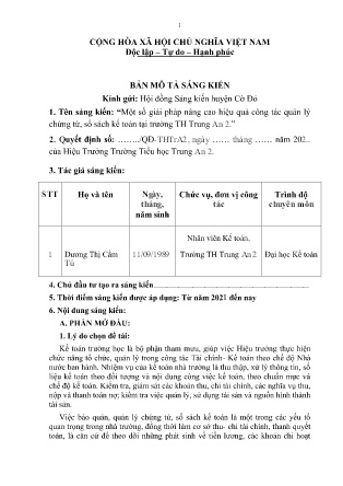 Bản mô tả SKKN Một số giải pháp nâng cao hiệu quả công tác quản lý chứng từ, sổ sách kế toán tại Trường TH Trung An 2 NH 2022-2023 (Dương Thị Cẩm Tú)