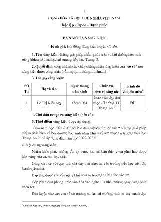 Bản mô tả SKKN Những giải pháp nhằm phát hiện và bồi dưỡng học sinh năng khiếu về âm nhạc tại Trường TH Trung An 2 NH 2022-2023 (Lê Thị Kiều Mỵ)