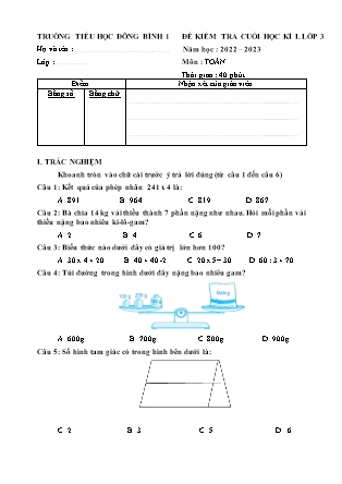 Đề kiểm tra cuối học kì I môn Toán Lớp 3 năm học 2022-2023 (Kèm hướng dẫn chấm)