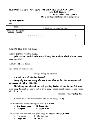Đề Kiểm tra cuối năm môn Tiếng Việt + Toán 1 năm học 2016-2017