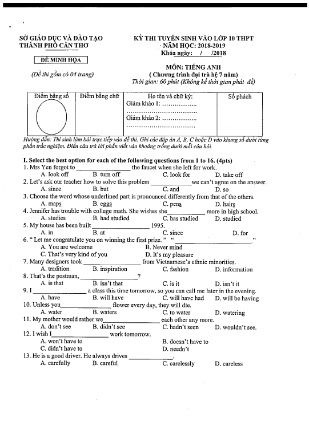 Đề minh họa Kỳ thi Tuyển sinh vào lớp 10 môn Tiếng Anh (hệ 7 năm) NH 2018-2019 Sở GD&ĐT TP Cần Thơ (Kèm hướng dẫn chấm)