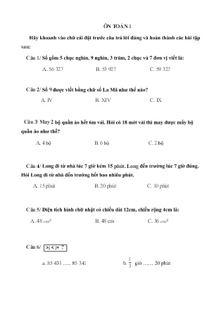 Đề ôn tập đầu năm học 2021-2022 Môn Toán + Tiếng Việt Khối 4 (Tuần 8)