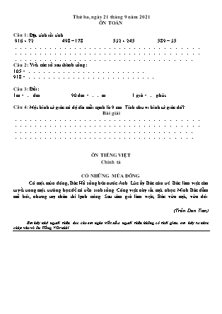 Đề ôn tập đầu năm học 2021-2022 Môn Toán + Tiếng Việt Lớp 2 (Lần 3)