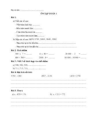 Đề ôn tập đầu năm Môn Toán + Tiếng Việt Khối 4 (Lần 5)