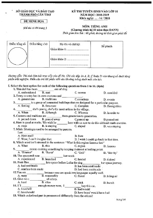 Đề thi Kỳ thi Tuyển sinh vào lớp 10 môn Tiếng Anh NH 2018-2019 Sở GD&ĐT TP Cần Thơ