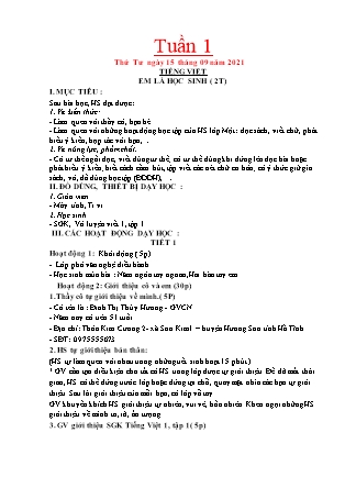 Kế hoạch bài dạy Chương trình Lớp 1 - Tuần 1 năm học 2021-2022 (Đặng Thị Xu)