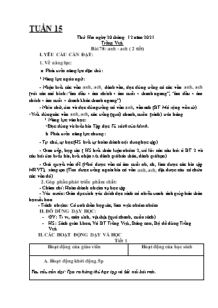 Kế hoạch bài dạy Chương trình Lớp 1 - Tuần 15 năm học 2021-2022 (Đặng Thị Xu)