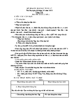 Kế hoạch bài dạy Chương trình Lớp 1 - Tuần 17 năm học 2021-2022 (Đặng Thị Xu)