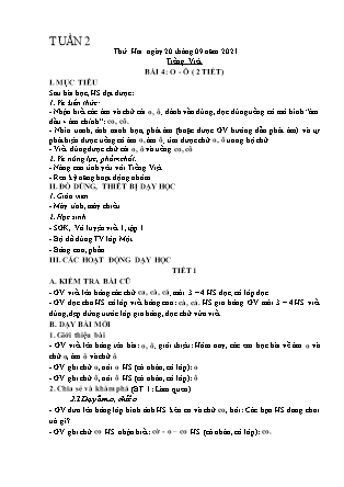 Kế hoạch bài dạy Chương trình Lớp 1 - Tuần 2 năm học 2021-2022 (Phạm Thị Thu Hà)