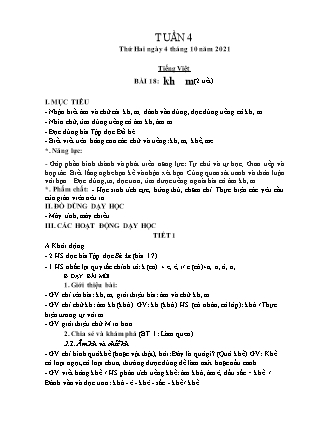 Kế hoạch bài dạy Chương trình Lớp 1 - Tuần 4 năm học 2021-2022 (Nguyễn Thị Tuyết Thanh)