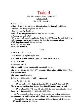 Kế hoạch bài dạy Chương trình Lớp 1 - Tuần 4 năm học 2021-2022 (GV Nguyễn Thị Tuyết Thanh)