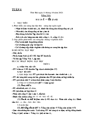 Kế hoạch bài dạy Chương trình Lớp 1 - Tuần 5 năm học 2021-2022 (Phạm Thị Thu Hà)