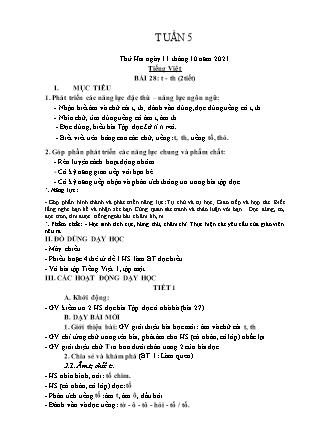 Kế hoạch bài dạy Chương trình Lớp 1 - Tuần 5 năm học 2021-2022 (Nguyễn Thị Tuyết Thanh)
