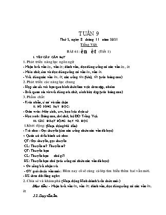 Kế hoạch bài dạy Chương trình Lớp 1 - Tuần 9 năm học 2021-2022 (Đặng Thị Xu)