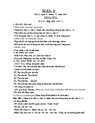 Kế hoạch bài dạy Chương trình Lớp 1 - Tuần 9 năm học 2021-2022 (Đinh Thị Thúy Hương)