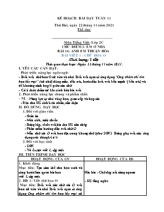 Kế hoạch bài dạy Chương trình Lớp 2 - Tuần 11 năm học 2021-2022 (Từ Thị Lý)