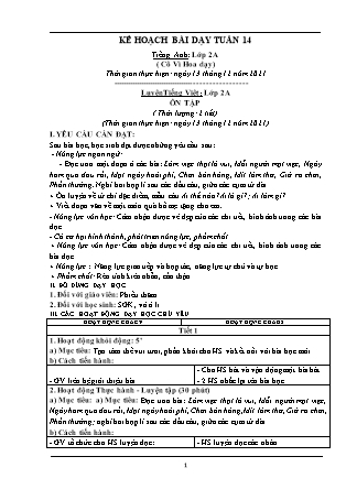 Kế hoạch bài dạy Chương trình Lớp 2 - Tuần 14 năm học 2021-2022 (Võ Thị Hải Quế)