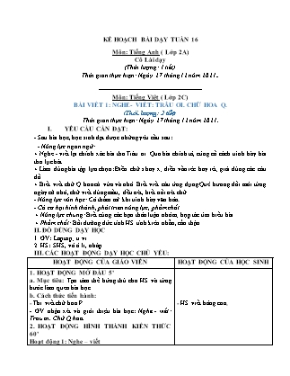 Kế hoạch bài dạy Chương trình Lớp 2 - Tuần 16 năm học 2021-2022 (Võ Thị Hải Quế)