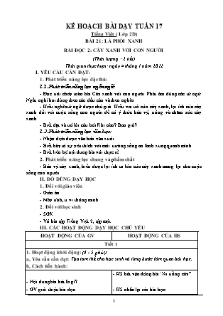 Kế hoạch bài dạy Chương trình Lớp 2 - Tuần 17 năm học 2021-2022 (Phan Thị Ánh Nguyệt)