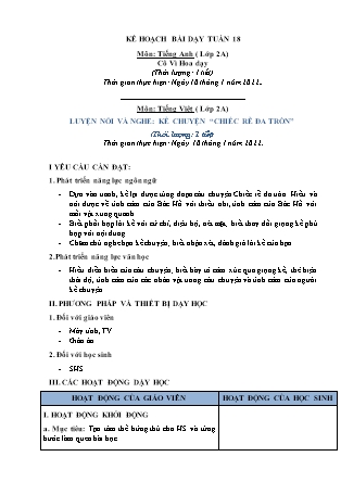 Kế hoạch bài dạy Chương trình Lớp 2 - Tuần 18 năm học 2021-2022 (Võ Thị Hải Quế)